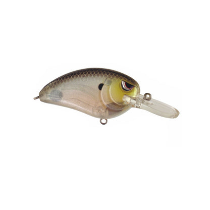 The SPRO Little John MD Crankbait by SPRO features a captivating translucent body with scale patterns and a yellow top. It includes Gamakatsu treble hooks on its clear diving lip, elegantly presented against a plain white backdrop.