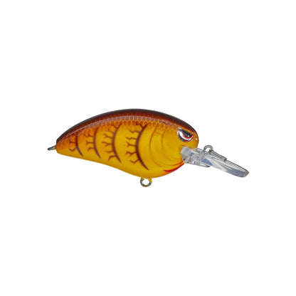 The SPRO Little John MD Crankbait is a yellow and brown medium diver crankbait with a curved, scaled body and a clear plastic lip. Designed to mimic a small fish, it features sharp Gamakatsu treble hooks for effective catching.