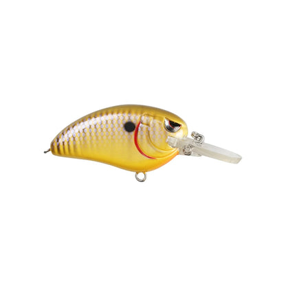 The SPRO Little John MD Crankbait from Spro is a yellow and silver medium diver crankbait with a red stripe near the eye, clear plastic lip for diving, rounded shape with black spots, and Gamakatsu treble hooks designed to mimic a fish.