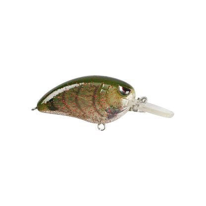 The SPRO Little John MD Crankbait is a medium diver with a green/brown finish, transparent lip, red speckles, and realistic fish eyes. Featuring Gamakatsu treble hooks, it’s expertly crafted to mimic small fish for enticing action in freshwater fishing.