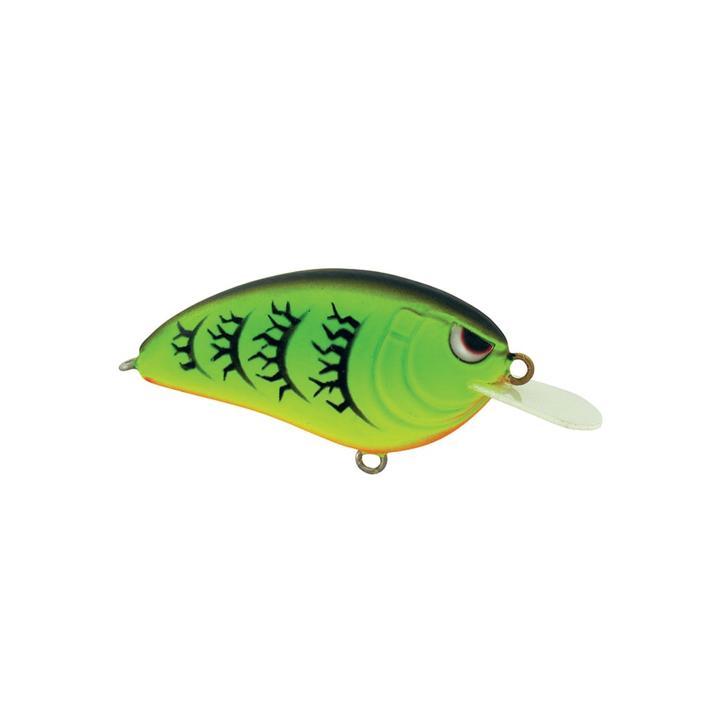 The SPRO Little John 50 Crankbaits is a vibrant green fishing lure resembling a fish, complete with dark stripes and a white diving lip. Equipped with a silent weight transfer system and Gamakatsu treble hooks, it is crafted for seamless casting and efficient catching.