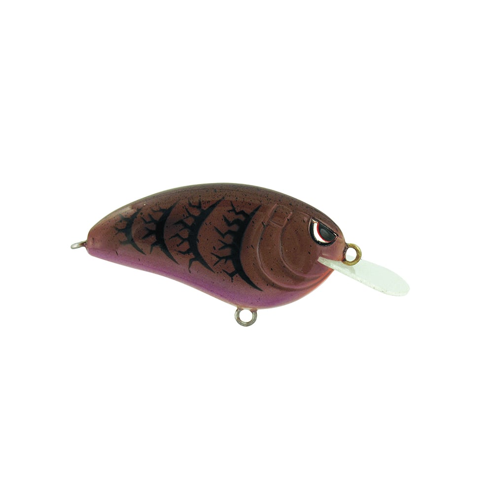 The Spro Little John 50 Crankbaits, crafted by SPRO, showcase a fishing lure in brown and black with a striking red eye design and equipped with a white lip, while Gamakatsu trebles ensure maximum grip.