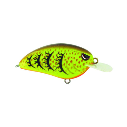 The SPRO Little John 50 Crankbaits are vibrant fishing lures designed in the shape of a small fish. They showcase a green and yellow gradient, highlighted by black markings and a red accent near the mouth. Equipped with Gamakatsu treble hooks and a clear plastic lip at the front for diving, these lures offer both style and functionality.