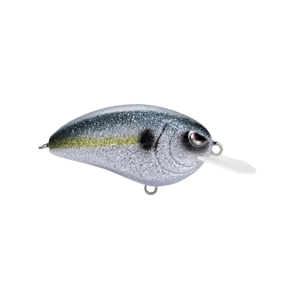 The Spro Little John 50 Crankbaits by SPRO is a shiny, metallic fishing lure designed to resemble a small fish. It features a silver body, dark back, and subtle yellow accents along its side. Equipped with Gamakatsu trebles and detailed eye designs, it includes a plastic lip for enhanced diving capabilities.