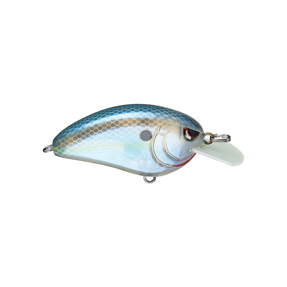 A close-up of a Spro Little John 50 Crankbait from SPRO, designed to resemble a small fish with blue and silver scales, a white belly, and a red accent near the mouth. It comes equipped with Gamakatsu treble hooks and metal eyelets for attaching line and hooks, enhanced by its clear plastic lip.