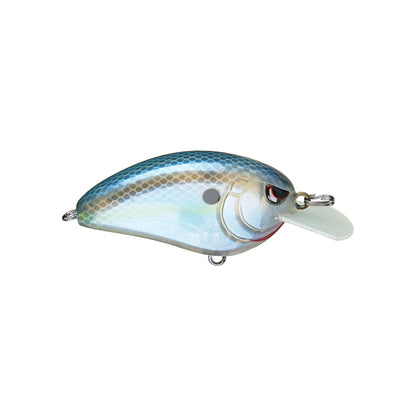 A close-up of a Spro Little John 50 Crankbait from SPRO, designed to resemble a small fish with blue and silver scales, a white belly, and a red accent near the mouth. It comes equipped with Gamakatsu treble hooks and metal eyelets for attaching line and hooks, enhanced by its clear plastic lip.