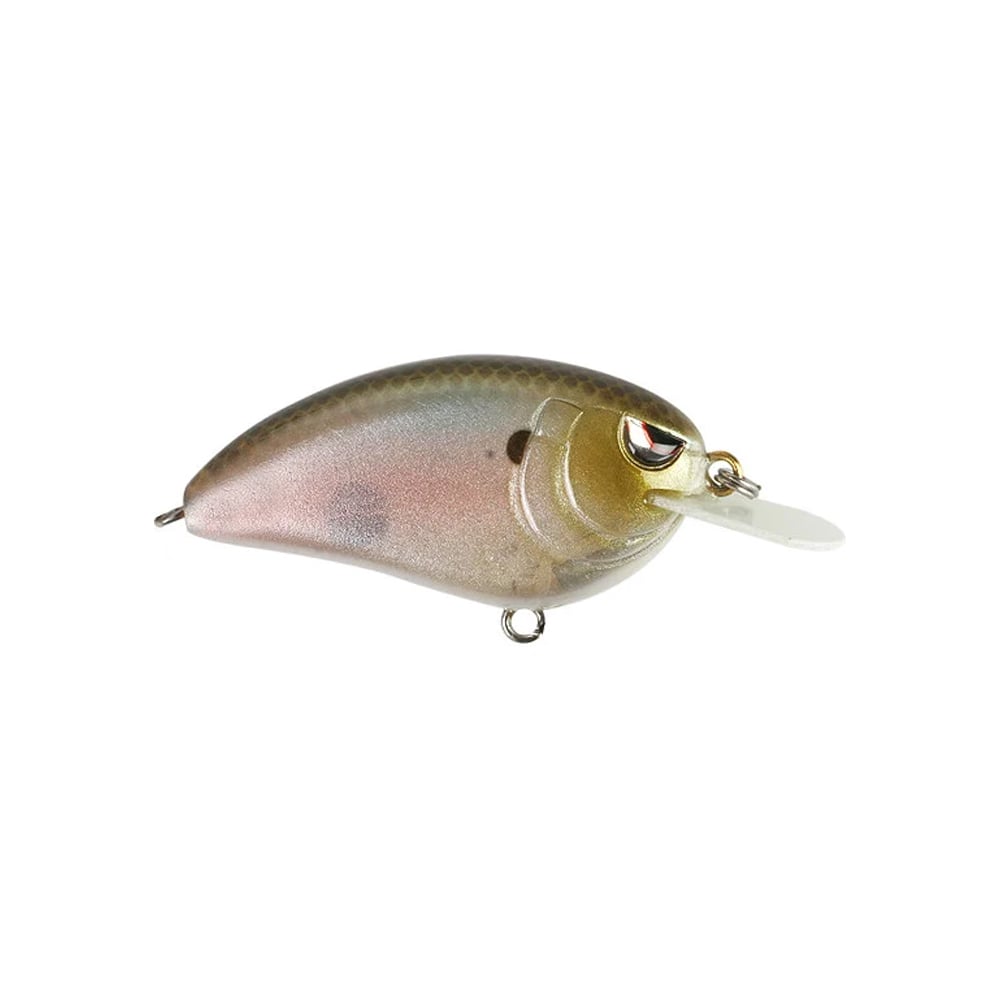 A close-up of a SPRO Little John 50 Crankbait showcases its brown-to-silver gradient body and transparent lip. The lure features a reflective finish, Gamakatsu treble hooks for secure hookups, and metal rings at both ends for easy attachment.