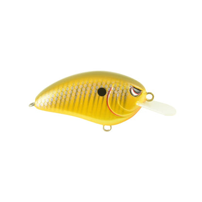 The SPRO Little John 50 Crankbait showcases a yellow and orange fish-shaped design, complete with an eye, diving lip, and a distinctive black spot on the side. It is fitted with Gamakatsu trebles to guarantee optimal performance, all set against a white background.