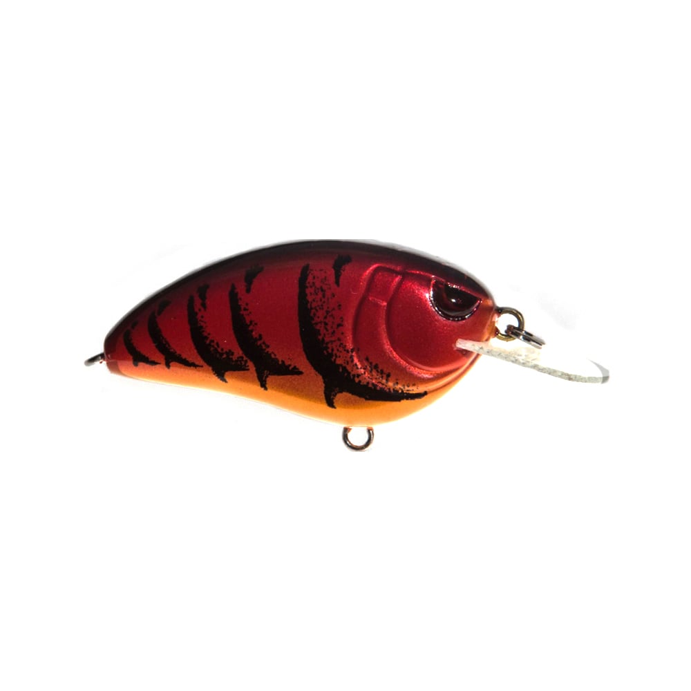 The Spro Little John 50 Crankbaits, from the brand SPRO, are showcased with a vibrant red and orange finish adorned with black stripes and feature a clear plastic lip optimized for diving. Outfitted with sharp Gamakatsu treble hooks, this crankbait is displayed against a simple white background.