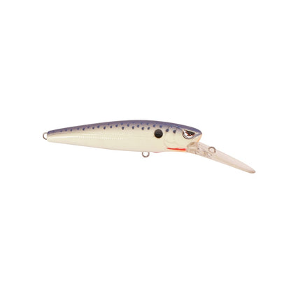 The SPRO McRip 85 Jerkbait, featuring a white body with black spots along the top, is ideal for deep diving. It has a translucent elongated lip, Gamakatsu treble hooks, and a small black eye.