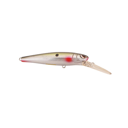 The SPRO McRip 85 Jerkbait features a yellow and silver body with a red spot near the head, a transparent diving lip, Gamakatsu treble hooks, streamlined shape, and realistic eye detail for underwater allure.