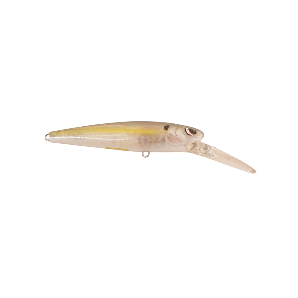 The SPRO McRip 85 Jerkbait by SPRO is a realistic lure with a translucent fish-shaped body and long diving lip for deep action. It mimics a small fish with light brown, shimmery color, detailed eyes, and sharp Gamakatsu treble hooks.