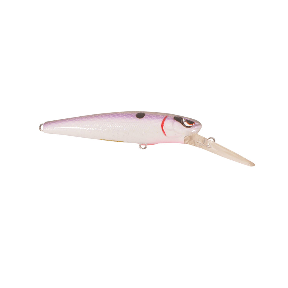 The SPRO McRip 85 Jerkbait boasts a pinkish-purple body with a black dot and reflective surface. Equipped with Gamakatsu treble hooks, it features a long, clear lip for deep diving, silver fish scale pattern, and visible eye design.