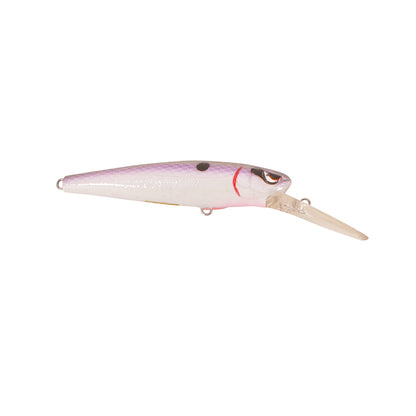 The SPRO McRip 85 Jerkbait boasts a pinkish-purple body with a black dot and reflective surface. Equipped with Gamakatsu treble hooks, it features a long, clear lip for deep diving, silver fish scale pattern, and visible eye design.