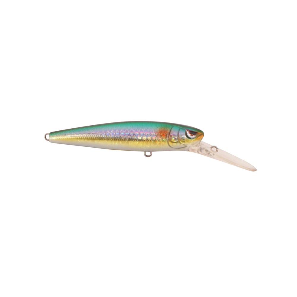 The SPRO McRip 85 Jerkbait is a vibrant lure with a metallic green and iridescent purple body, featuring Gamakatsu treble hooks and a translucent diving lip. Its sleek shape and intricate scales mimic a fish, offering irresistible allure for deep diving.