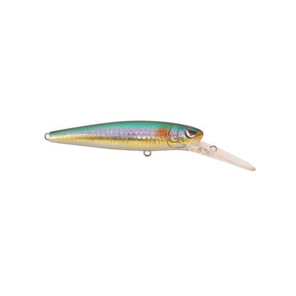 The SPRO McRip 85 Jerkbait is a vibrant lure with a metallic green and iridescent purple body, featuring Gamakatsu treble hooks and a translucent diving lip. Its sleek shape and intricate scales mimic a fish, offering irresistible allure for deep diving.