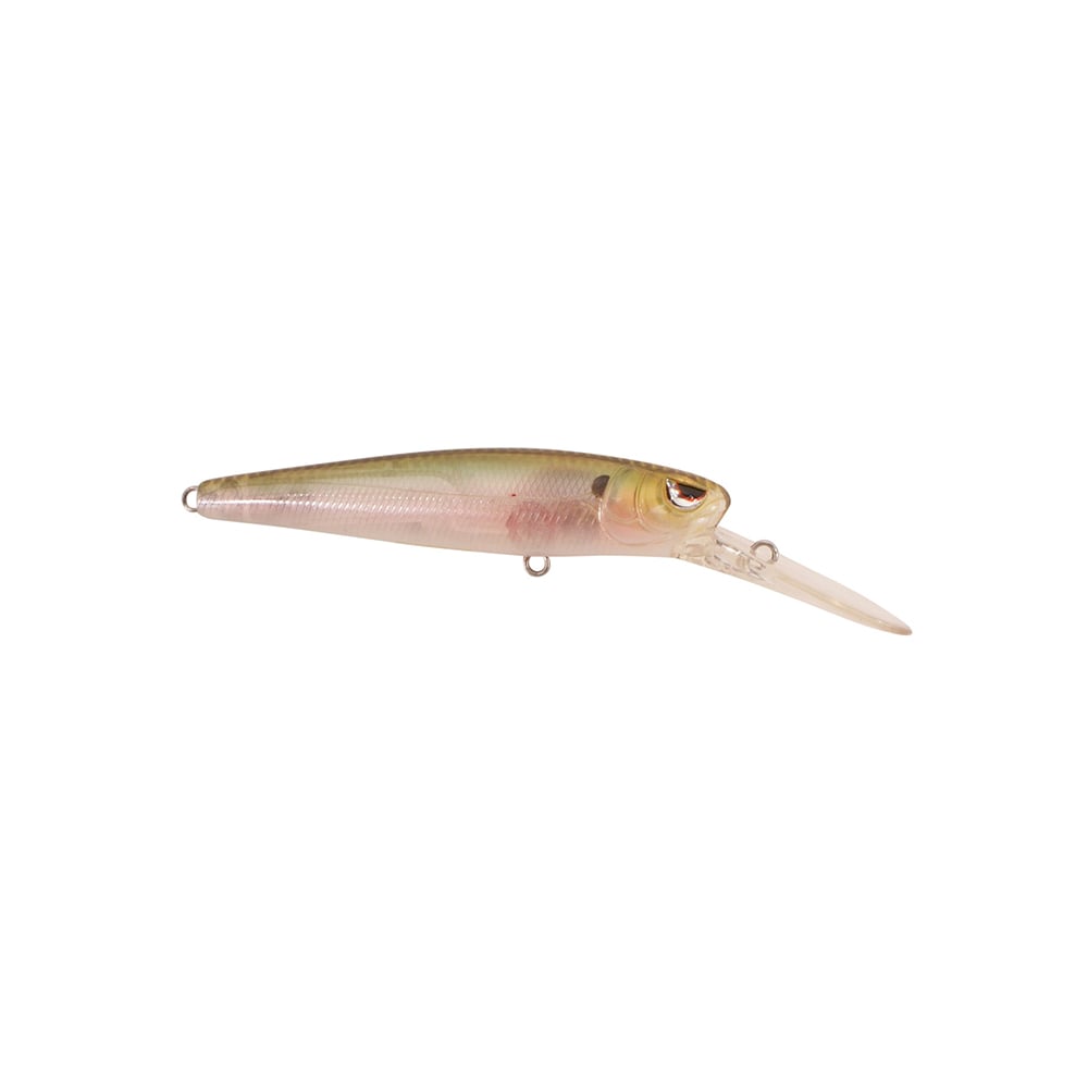 The SPRO McRip 85 Jerkbait is a long, slim lure with a translucent body, greenish top tint, and pink sides. It includes Gamakatsu treble hooks on metal loops and features a large clear plastic lip for deep diving.