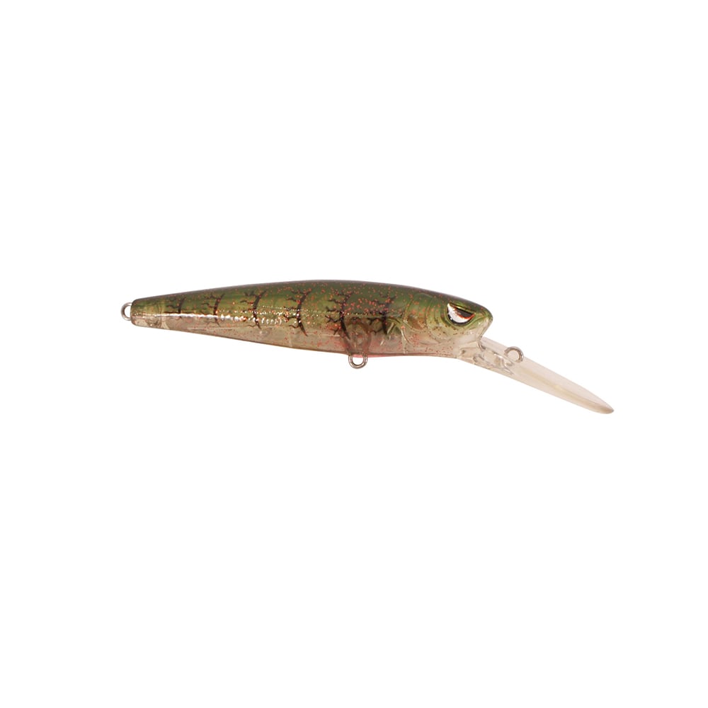 The Spro McRip 85 Jerkbait by SPRO is a fish-shaped lure with a green and brown speckled body, silver underside, transparent plastic bill for deep diving, realistic eyes, Gamakatsu treble hooks, and a sturdy metal attachment loop.