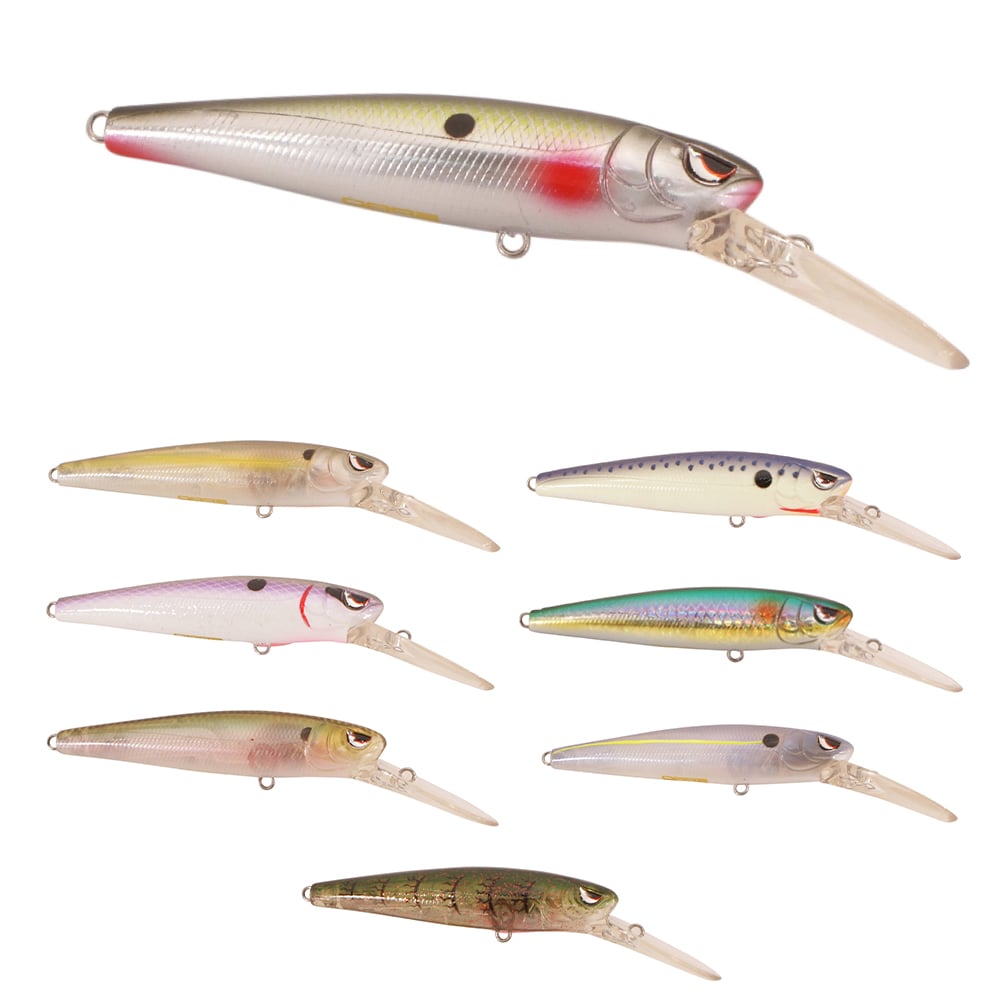 The SPRO McRip 85 Jerkbait set includes eight colorful lures, each with a realistic fish design. Featuring deep-diving jerkbaits in red, yellow, green, and blue shades, they are equipped with clear plastic lips and Gamakatsu treble hooks for superior performance.