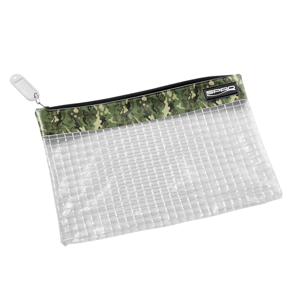 The SPRO Mesh Bait Pouch features a transparent grid pattern with a green camouflage zipper, water-resistant construction, a white pull tab, and a black label with white text on the camo section, perfect for securely storing soft plastics.