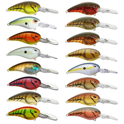 Image of 16 SPRO Spro Mike McClelland RkCrawler 55 Crankbaits in four rows, featuring diverse designs and colors like fish scales, spots, and metallic tones. They have clear bibs for wide wobbling hunting action.