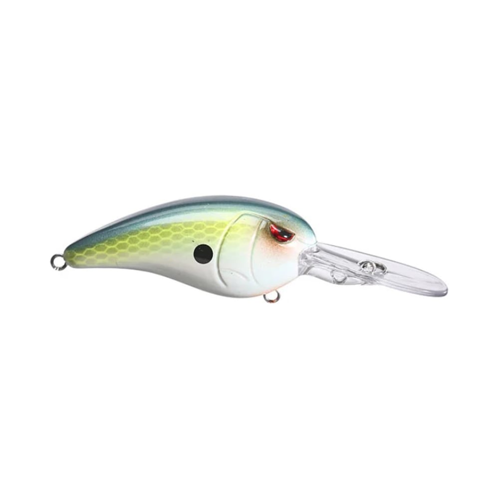 Introducing the SPRO Mike McClelland RkCrawler 55 Crankbait: a fishing lure with a white and light green hexagonal scale pattern, red eye, black spot near the head, and a transparent lip for an irresistible wobbling hunting action.