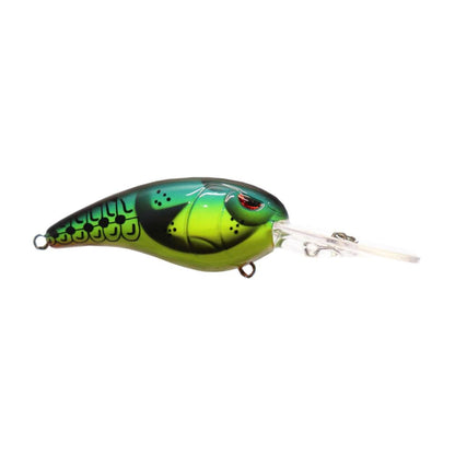 The SPRO Mike McClelland RkCrawler 55 Crankbait is a green and yellow lure with a fish design, black spots, red eyes, a clear angled diving lip, and metal loops. It offers wide wobbling action that attracts fish.