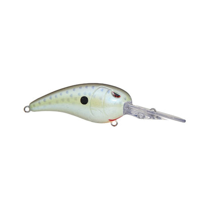 The SPRO Mike McClelland RkCrawler 55 Crankbait has a fish-like body in light green and grey with a spotted pattern. Its long transparent lip ensures deep diving, while the eye design and attachment loops deliver wide wobbling action, making it irresistible to fish.