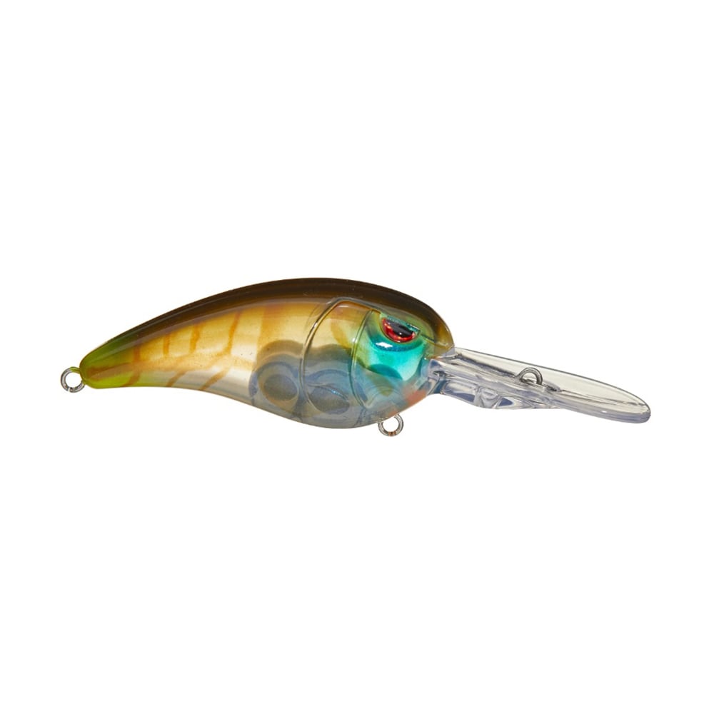 Discover the SPRO Mike McClelland RkCrawler 55 Crankbait: a translucent fishing lure with a yellow-brown gradient, red eyes, and a clear bill. This crankbait imitates small fish or insects and provides wide wobbling action to attract your next catch.