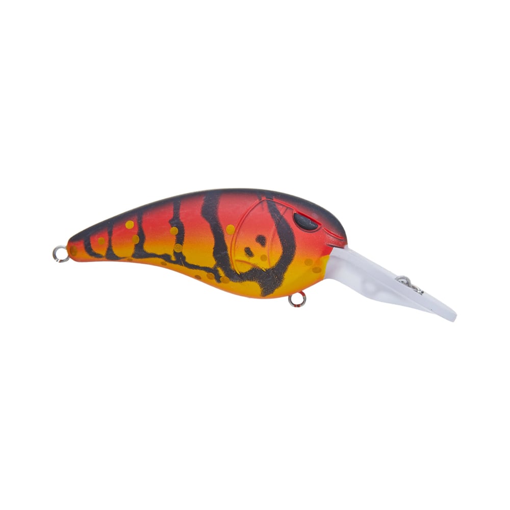 Introducing the SPRO Mike McClelland RkCrawler 55 Crankbait: a vibrant lure with a curved body and gradient design from red to yellow, accented by black stripes. It has a white, elongated lip for diving and offers wide wobbling hunting action, perfect for angling adventures.