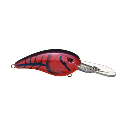 Introducing the SPRO Spro Mike McClelland RkCrawler 55 Crankbait, a lure with a red and black body, clear plastic lip, and blue-accented fish-like eyes. Its curved shape mimics small fish or crayfish, attracting fish with an enticing wide wobble action.