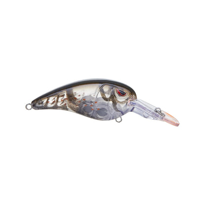 The SPRO Mike McClelland RkCrawler 55 Crankbait boasts a translucent, fish-like shape with black and brown patterns, a striking red eye, slender body, clear extended lip, and metal loops for wide wobbling action to attract the big catch.