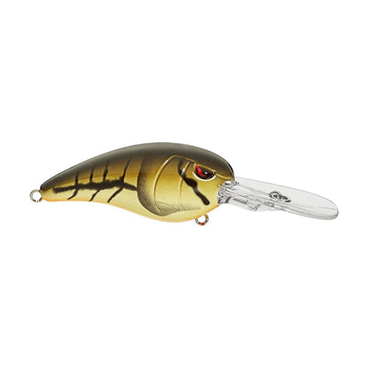 The SPRO Mike McClelland RkCrawler 55 Crankbait features olive green and yellow hues with a fish-like design, piercing red eyes, and a detailed scale pattern. Its clear plastic lip enhances diving, while its wide wobbling action ensures an irresistible allure for your catch.