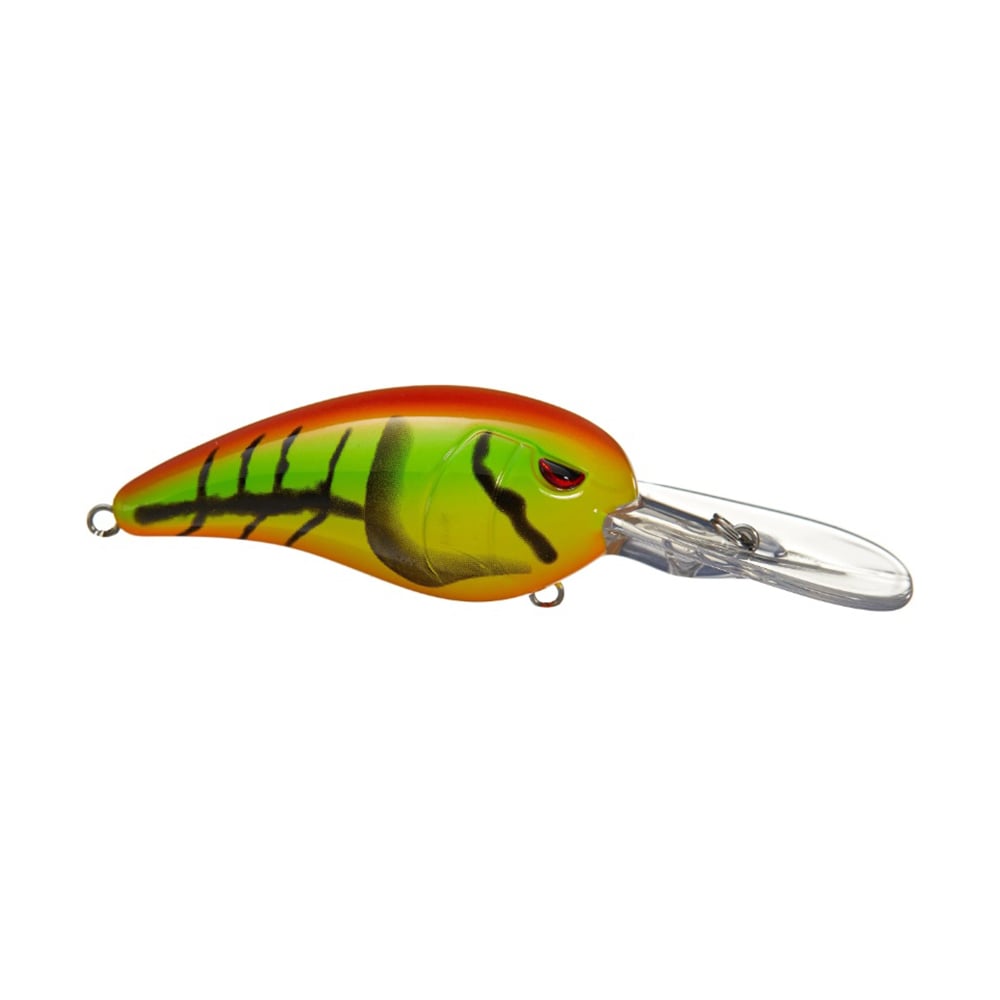 The SPRO Mike McClelland RkCrawler 55 Crankbait features vibrant orange, green, and yellow colors with black stripes, a striking red eye, and a clear plastic lip for wide wobbling action that's irresistible to fish.