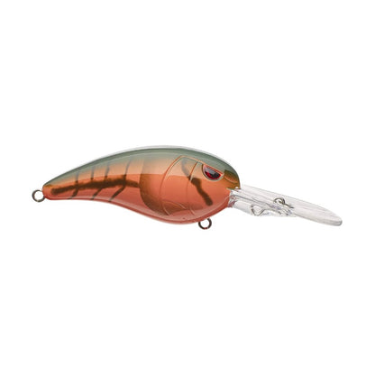 The SPRO Spro Mike McClelland RkCrawler 55 Crankbait is designed to mimic a fish with an orange and green body, black stripes, a red eye, and a clear elongated bill. Its wide wobbling action is enhanced by metal eyelets for attaching fishing line and hooks.