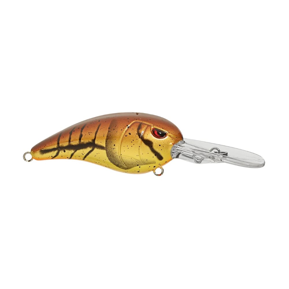 The SPRO Mike McClelland RkCrawler 55 Crankbait, in brown and yellow with black stripes, mimics a small fish with a wide wobbling action. It features a clear plastic lip for depth, realistic eyes, and speckles across its body.