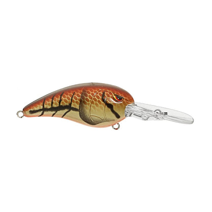 Introducing the SPRO Mike McClelland RkCrawler 55 Crankbait, a vibrant fishing lure in orange, brown, and beige with a fish-like pattern. It features a clear plastic lip for diving action and wide wobbling movement, equipped with hook attachment points on each end.