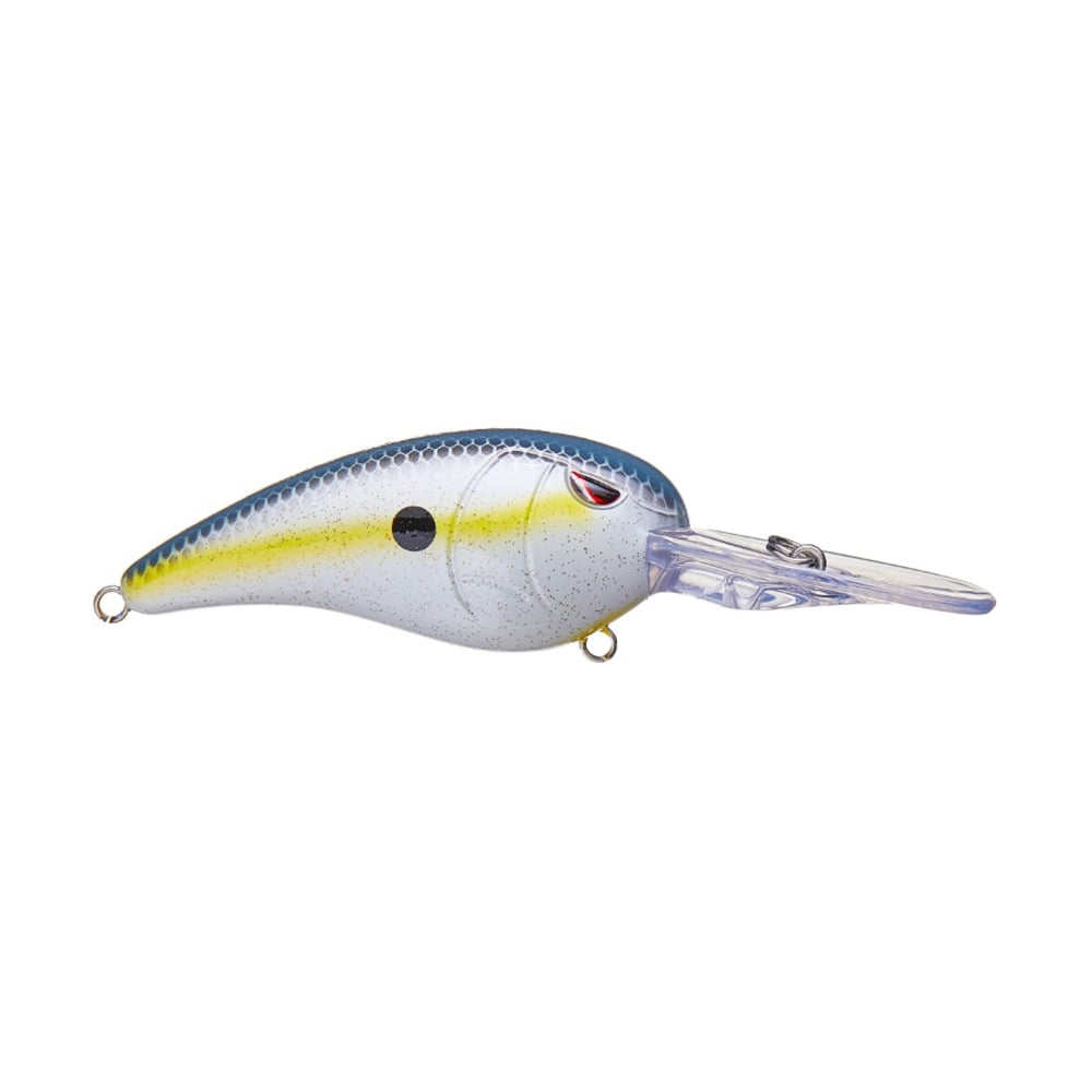 The SPRO Mike McClelland RkCrawler 55 Crankbait mimics a small fish with a yellow stripe, blue-speckled back, translucent diving lip, black side spot, and red eye mark. It delivers wide wobbling hunting action.