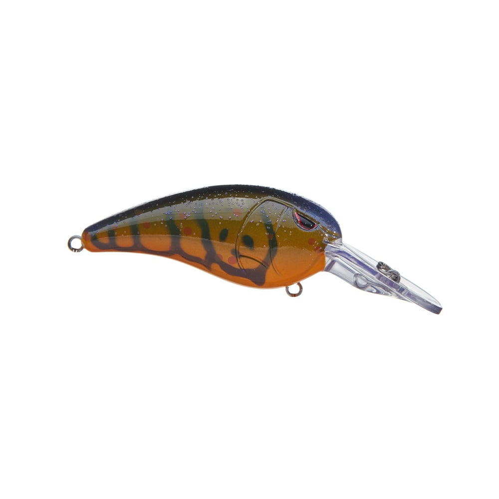 The SPRO Mike McClelland RkCrawler 55 Crankbait features a fish shape with orange and black stripes, red eyes, and a transparent elongated lip. Its sharp curving body offers wide wobbling action to attract big catches.