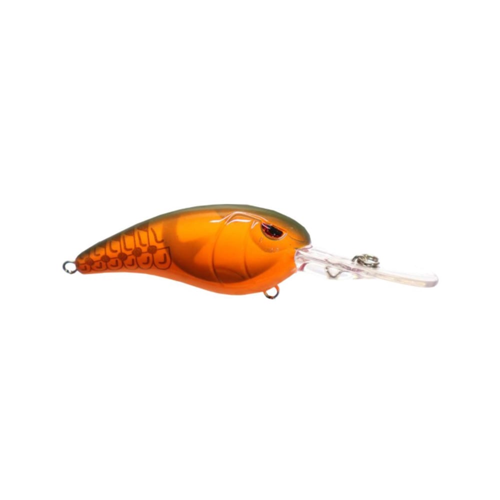 The SPRO Mike McClelland RkCrawler 55 Crankbait features an orange and green segmented body, a clear flat lip, and metal loops for gear. Ideal for anglers desiring a wide wobbling action to attract fish.