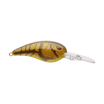 The SPRO Mike McClelland RkCrawler 55 Crankbait, mimicking a small fish, is brown with black stripes. It has a transparent lip for diving and wide wobbling action, features a glittery finish, and includes a red eye.