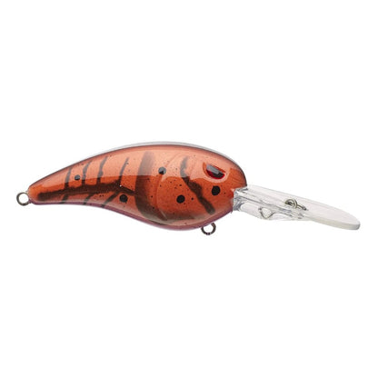 The SPRO Mike McClelland RkCrawler 55 Crankbait features a red and black striped pattern with a transparent lip, mimicking small fish. Its rounded body and metal loops enable easy line attachment, while its wide wobbling action attracts fish effectively.