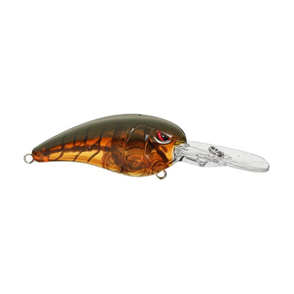 Introducing the SPRO Mike McClelland RkCrawler 55 Crankbait: a brown and transparent plastic fishing lure with a segmented body, clear plastic lip, and red eyes. It mimics a fish's movement for wobbling action and includes metal loops for hooks.