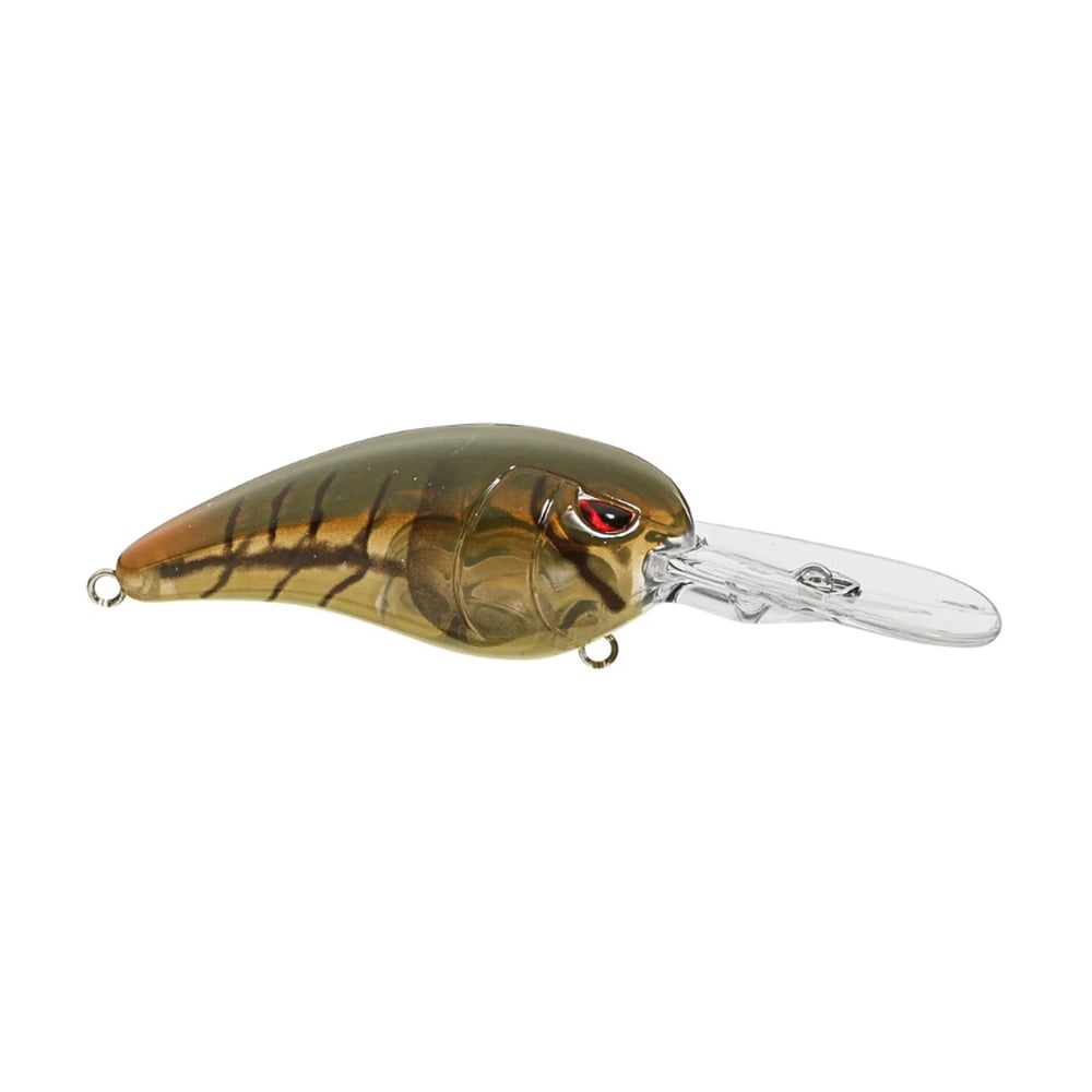 The SPRO Mike McClelland RkCrawler 55 Crankbait boasts a brown and green design, clear plastic lip, and striking red eyes. Its fish-scale pattern and curved shape enhance its wide wobbling action, making it irresistible to predators.