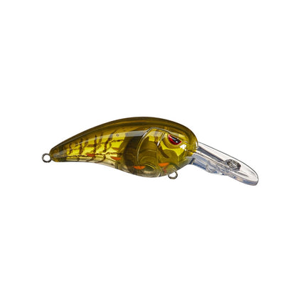 This image showcases the SPRO Mike McClelland RkCrawler 55 crankbait with a transparent lip and streamlined body. The olive green lure, brown tiger stripes, and red eye mimic a small fish, offering wide wobbling hunting action with two attachment loops on each end.