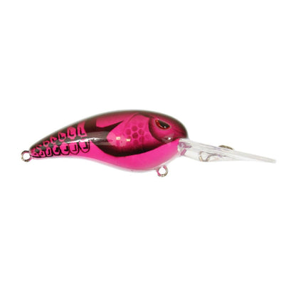 The SPRO Mike McClelland RkCrawler 55 Crankbait in pink and black features a fish-like shape with realistic scales and eyes, a transparent angled bill, and two metal loops for wide wobbling action to attract fish.