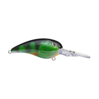 The SPRO Mike McClelland RkCrawler 55 Crankbait is a green and black striped, fish-shaped lure with an extended clear plastic lip for wide wobbling action. It features an eye design and metal attachment loops at both ends.