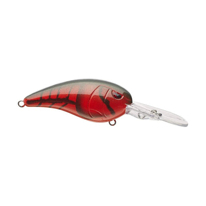 Introducing the SPRO Mike McClelland RkCrawler 55 Crankbait—a crankbait with a red and black body and shiny finish. The clear plastic lip aids in diving, while nose and tail attachment points ensure stability. Designed to mimic small fish, it offers wide wobbling hunting action in water.