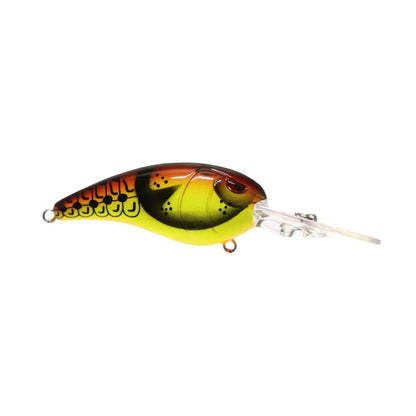 The SPRO Spro Mike McClelland RkCrawler 55 Crankbait features a yellow and green design with black accents, a clear plastic lip, and mimics small fish or insects with its wide wobbling hunting action and intricate patterns for effective attraction.