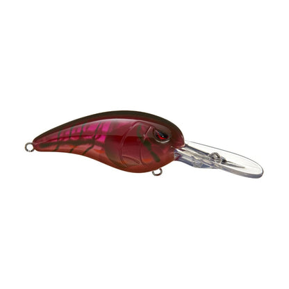 The SPRO Mike McClelland RkCrawler 55 Crankbait is a red and purple lure with a translucent lip, mimicking small fish with detailed patterns and metallic highlights. Its wide wobbling hunting action is irresistible to fish.